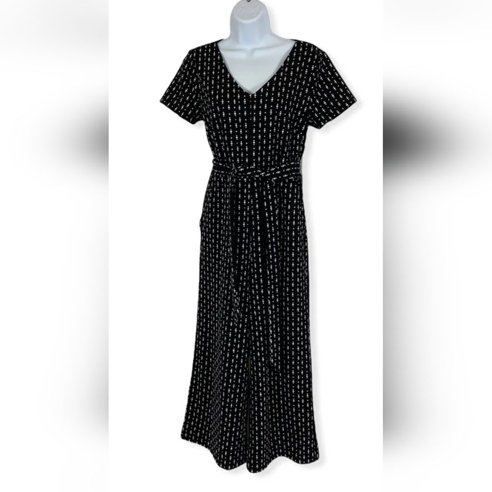 Nwt~ann TAYLOR FACTORY ~Black White KNIT Tie Waist Wide Crop Leg JUMPSUIT~Small